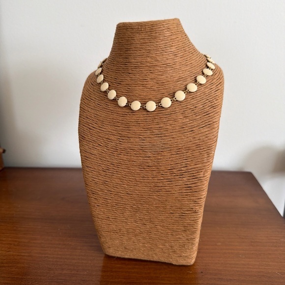 Vintage Jewelry - Vintage Enamel Link Necklace Goldtone Cream Ivory Colored Discs 15 Inches